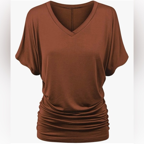 Tops - Solid Short Sleeve Boat Neck/V Neck Dolman Top T Shirt with Side Shirring